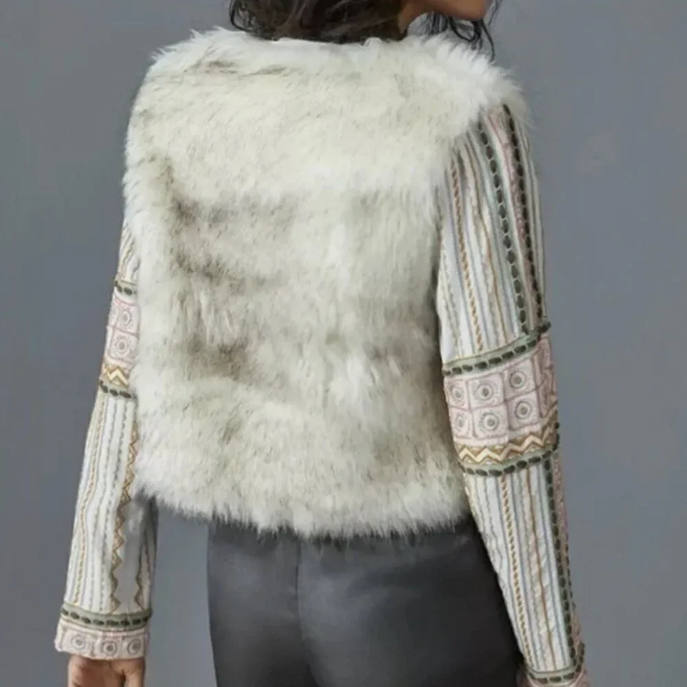 Bl^nk London x Anthropologie NWOT Embroidered Beaded Cropped Faux Fur Jacket XS